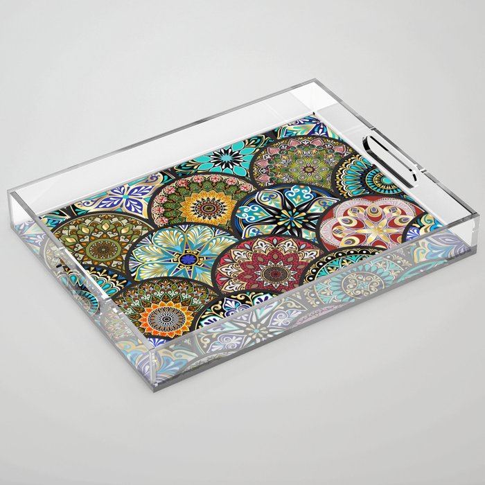 Colorful floral seamless pattern from circles with mandala in patchwork boho chic style Acrylic Tray