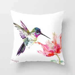 Little Hummingbird and Pink Flower, Bird art, minimalist bird painting, soft pink olive green design Throw Pillow