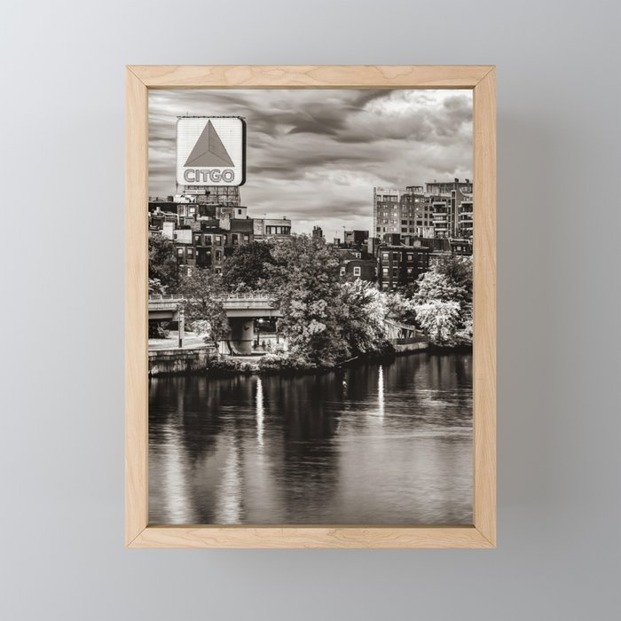 Boston Citgo Sign Over Kenmore Square and Charles River In Sepia Framed Mini Art Print