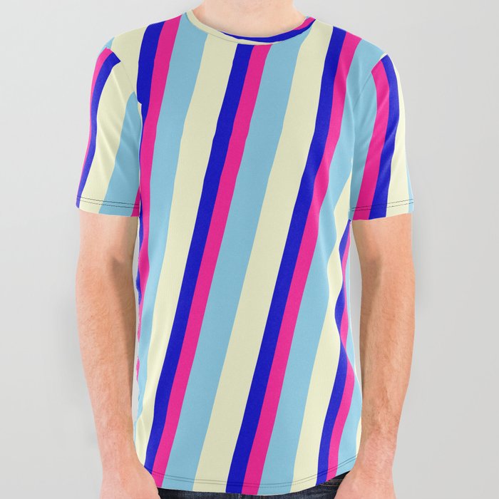 Blue, Deep Pink, Sky Blue, and Light Yellow Colored Stripes/Lines Pattern All Over Graphic Tee