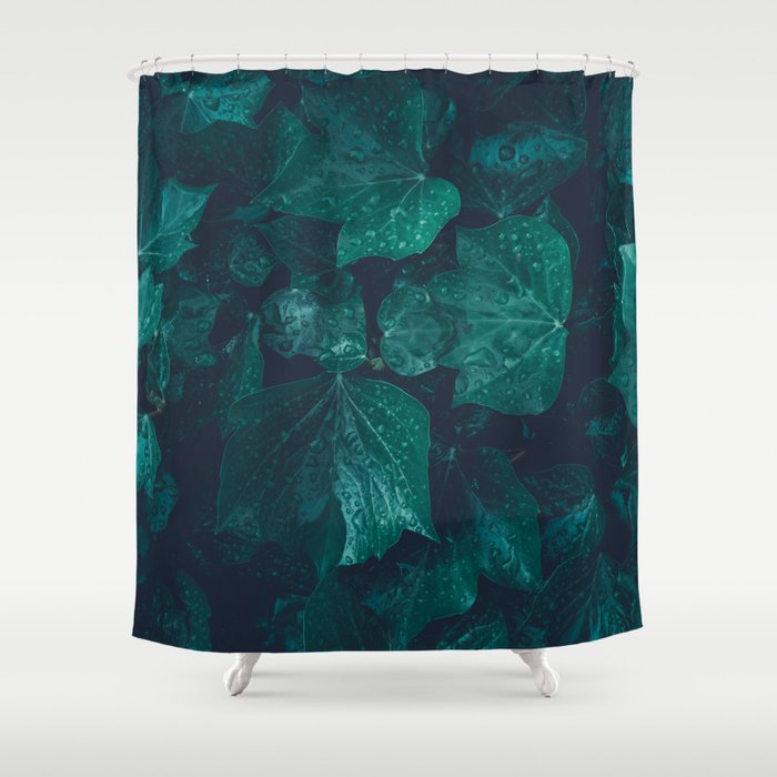 Dark Emerald Green Ivy Leaves Water Drops Shower Curtain By
