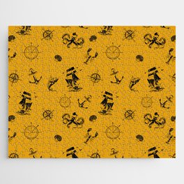 Mustard And Black Silhouettes Of Vintage Nautical Pattern Jigsaw Puzzle
