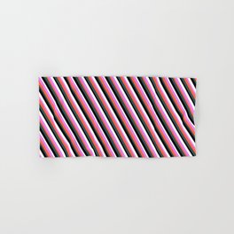 [ Thumbnail: Eye-catching Violet, Red, Dark Slate Gray, Black & White Colored Striped/Lined Pattern Hand & Bath Towel ]