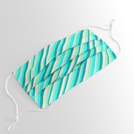 [ Thumbnail: Aquamarine, Cyan, Dark Cyan, and Beige Colored Lined/Striped Pattern Face Mask ]