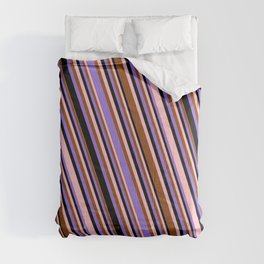 [ Thumbnail: Pink, Brown, Purple & Black Colored Lined Pattern Comforter ]