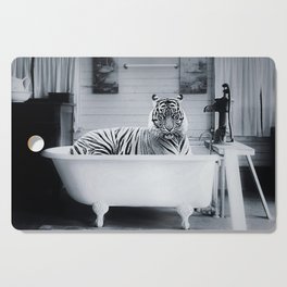 Eye of the Tiger in a vintage claw foot rustic bathtub black and white photograph / photograhy Cutting Board