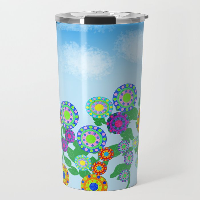 Bright Circular Flowers and Blue Sky Travel Mug