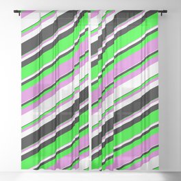 [ Thumbnail: Lime, Orchid, White & Black Colored Lined/Striped Pattern Sheer Curtain ]