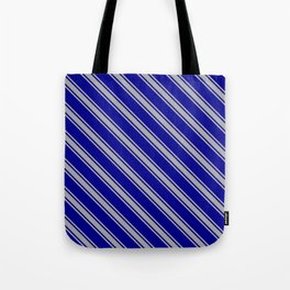 [ Thumbnail: Dark Blue and Dark Gray Colored Lined Pattern Tote Bag ]