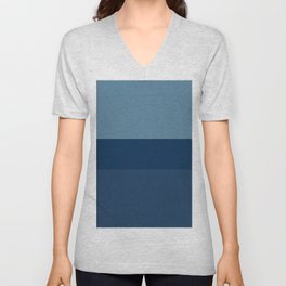 Blue Indigo Shades Horizontal Stripes Pattern V Neck T Shirt