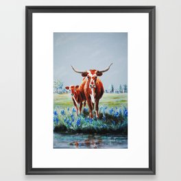 Longhorns and Bluebonnets Framed Art Print