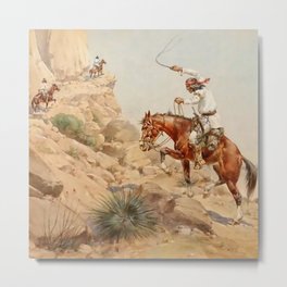 “Steep Trail” Western Art by Herman W Hansen Metal Print | Cowboys, Indian, Artist, Horses, Canyon, Prairie, Watercolor, Painting, Frontier 