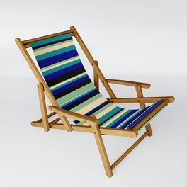 [ Thumbnail: Vibrant Dark Sea Green, Beige, Dark Cyan, Blue & Black Colored Striped/Lined Pattern Sling Chair ]