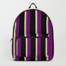 [ Thumbnail: Beige, Dark Khaki, Purple & Black Colored Stripes Pattern Backpack ]
