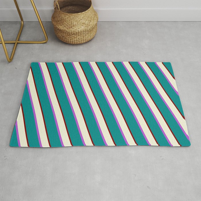 Beige, Orchid, Dark Cyan, and Maroon Colored Striped/Lined Pattern Rug
