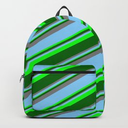 [ Thumbnail: Light Sky Blue, Lime, Dark Green & Grey Colored Striped Pattern Backpack ]