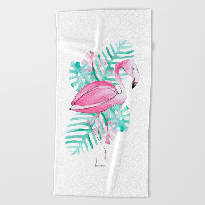 Watercolor Tropical Pink Flamingo Beach Towel By Carlazancanaro