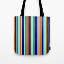 [ Thumbnail: Chocolate, Aquamarine & Blue Colored Stripes Pattern Tote Bag ]