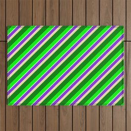 [ Thumbnail: Colorful Purple, Pale Goldenrod, Green, Lime & Light Cyan Colored Stripes/Lines Pattern Outdoor Rug ]