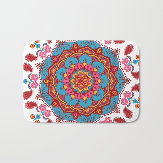 Colourful Indian Flower Patterned Mandala Red Pink & Blue Bath Mat