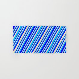 [ Thumbnail: Blue, Tan, and Deep Sky Blue Colored Lined/Striped Pattern Hand & Bath Towel ]