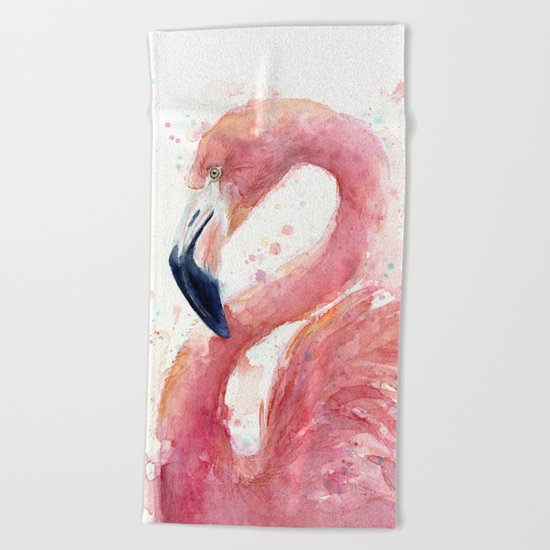 Pink Flamingo Watercolor Beach Towel