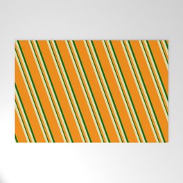[ Thumbnail: Pale Goldenrod, Dark Orange, and Dark Green Colored Lined Pattern Welcome Mat ]