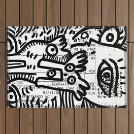 Creatures Graffiti Black and White on French Train Ticket Outdoor Rug
