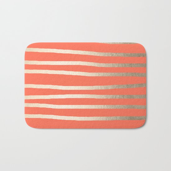 Simply Drawn Stripes in White Gold Sands on Deep Coral Bath Mat