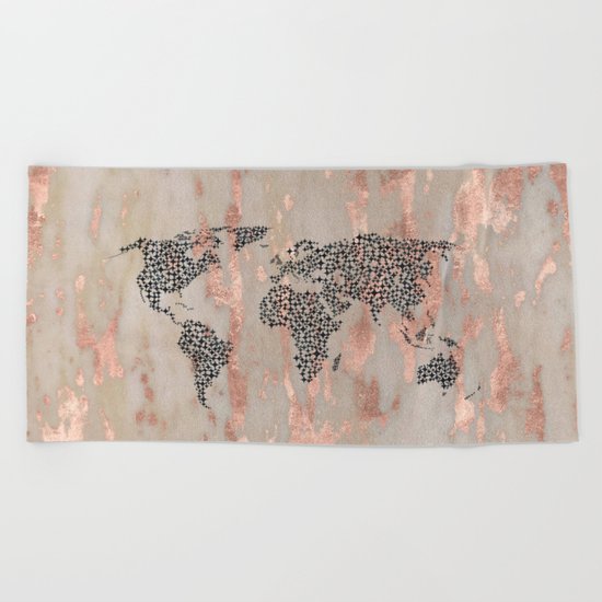 Star Map on Rose Gold Marble Beach Towel