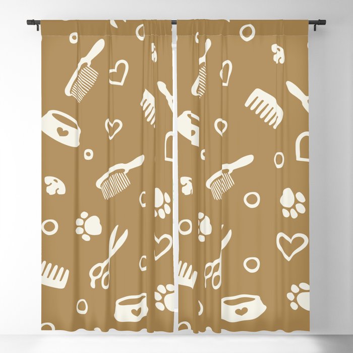 White Pet Hairdresser Tools on Gold Brown Blackout Curtain