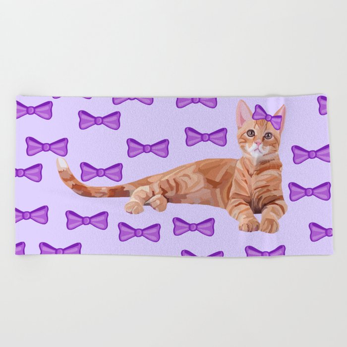 Ginger Cat with Purple Bow Pattern Beach Towel