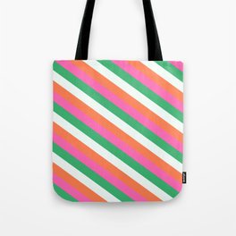[ Thumbnail: Mint Cream, Coral, Hot Pink, and Sea Green Colored Lined Pattern Tote Bag ]