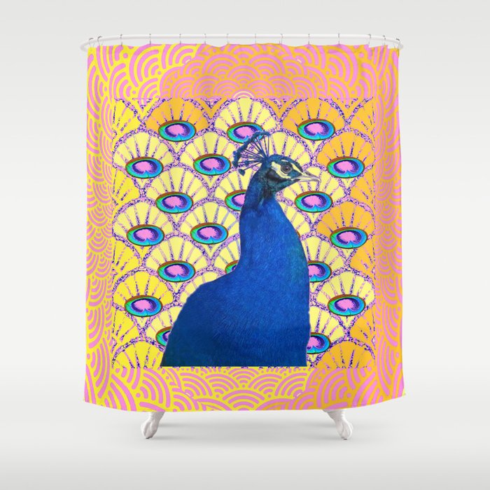 CONTEMPORARY BLUE ART DECO PEACOCK PINK-YELLOW ART Shower Curtain