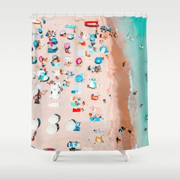 Coastal Beach Print, Aerial Ocean Beach Art Print, Summer Umbrellas On Beach, Holiday Time, Hot Sand Shower Curtain
