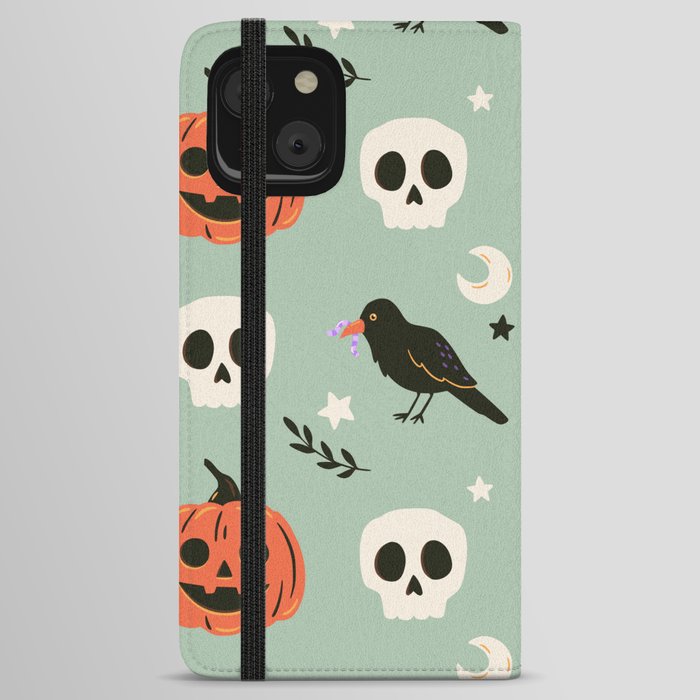 Halloween seamless pattern with ravens, skulls and pumpkin. Cute spooky illustration. Trick or treat holiday background. Hand drawn endless texture iPhone Wallet Case