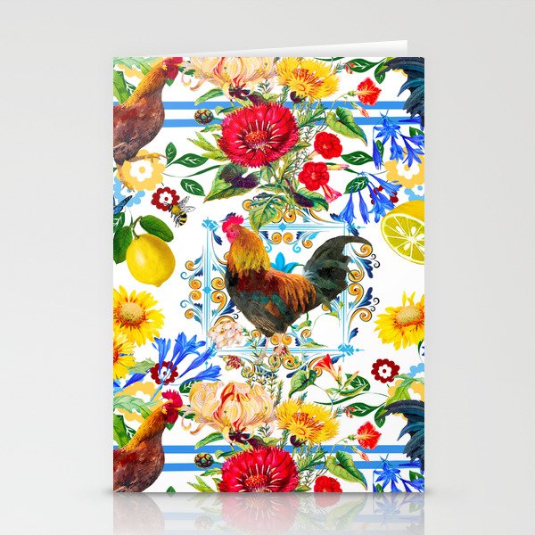 Rooster,farm,birds ,citrus,lemons,folklore pattern  Stationery Cards