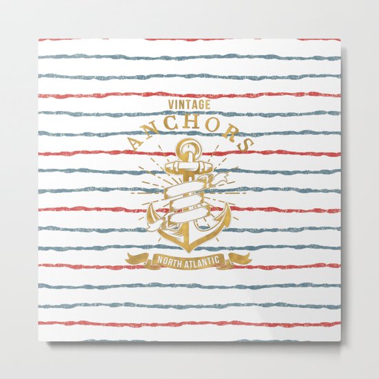 Maritime Design- Nautic Vintage Anchor on stripes in blue and red #Society6 Metal Print