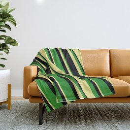 [ Thumbnail: Black, Forest Green, and Tan Colored Stripes Pattern Throw Blanket ]