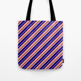 [ Thumbnail: Dark Blue and Light Salmon Colored Lined Pattern Tote Bag ]