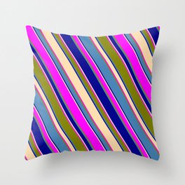 [ Thumbnail: Blue, Dark Blue, Tan, Fuchsia, and Green Colored Stripes/Lines Pattern Throw Pillow ]