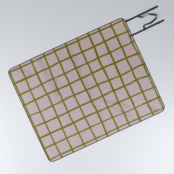 Chequered Grid - neutral tan and olive green Picnic Blanket
