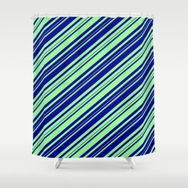 [ Thumbnail: Dark Blue and Green Colored Lines/Stripes Pattern Shower Curtain ]