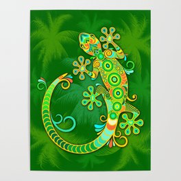 Gecko Lizard Colorful Tattoo Style Poster
