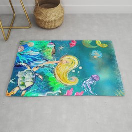 Blond mermaid with coral reef clownfish, seahorses, sea turtles, starfish, jellyfish and underwater friends children's watercolor bedroom decor wall print Rug