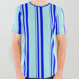 [ Thumbnail: Blue and Turquoise Colored Lines Pattern All Over Graphic Tee ]