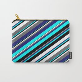 [ Thumbnail: Aqua, Black, White, Dim Gray & Midnight Blue Colored Stripes/Lines Pattern Carry-All Pouch ]