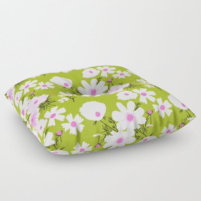 Retro Modern Spring Flower Field Pink and Green Floor Pillow