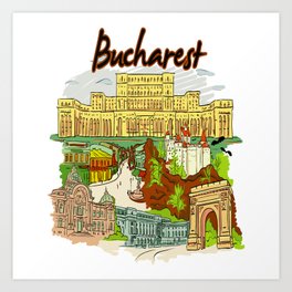 Bucharest Art Print | Romania, Graphicdesign, Romanian, Centraleurope, Cityscape, Town, Gift, Stamp, Love, Isle 