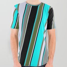 [ Thumbnail: Eyecatching Aqua, Grey, Dark Olive Green, Lavender & Black Colored Lines/Stripes Pattern All Over Graphic Tee ]